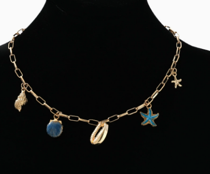 Collana Donna Dorata con Perla Sintetica e Ciondoli a Tema Marino