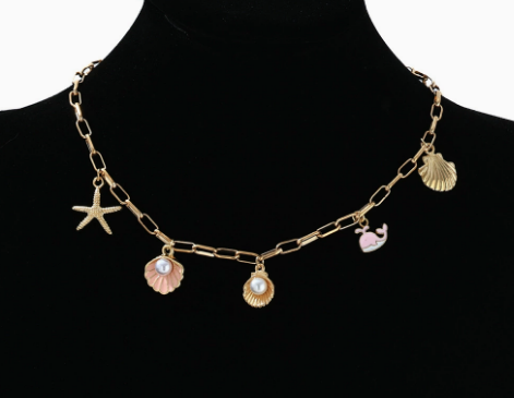 Collana Donna Dorata con Perla Sintetica e Ciondoli a Tema Marino