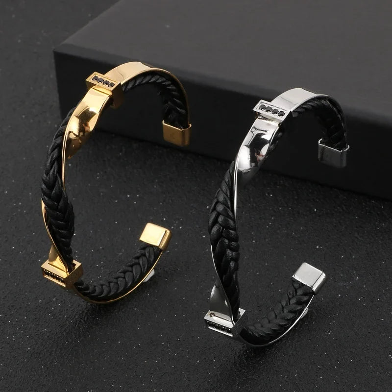 Bracciale Uomo Rigido in Pelle Intrecciata e Acciaio