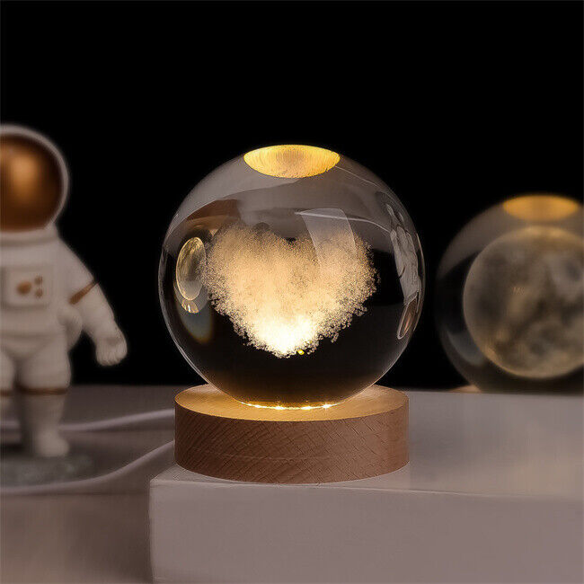 Sfera di Cristallo Luminosa 3D con Base LED in Legno - Lampada da Notte USB