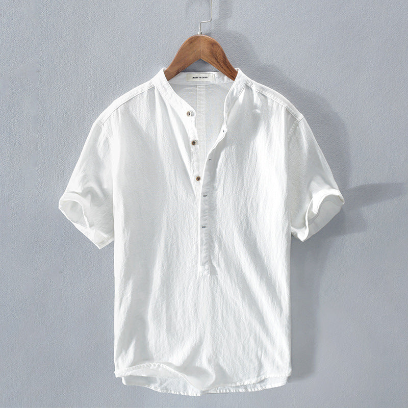 Camicia Uomo Manica Corta Collo Coreano con Mezza Abbottonatura