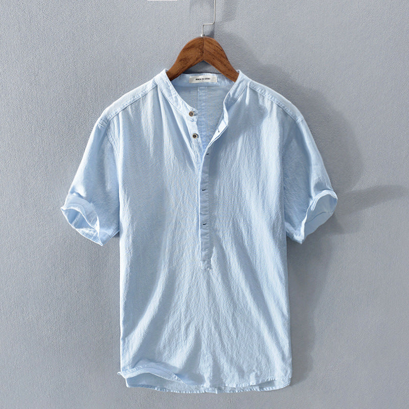 Camicia Uomo Manica Corta Collo Coreano con Mezza Abbottonatura