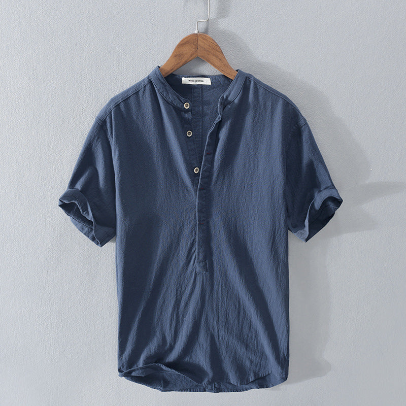 Camicia Uomo Manica Corta Collo Coreano con Mezza Abbottonatura