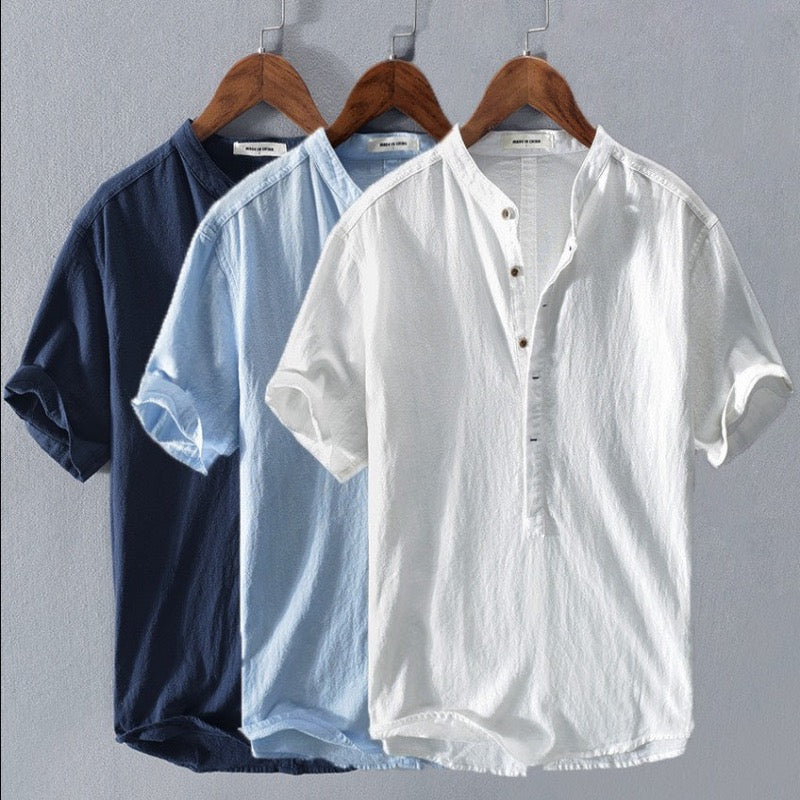 Camicia Uomo Manica Corta Collo Coreano con Mezza Abbottonatura