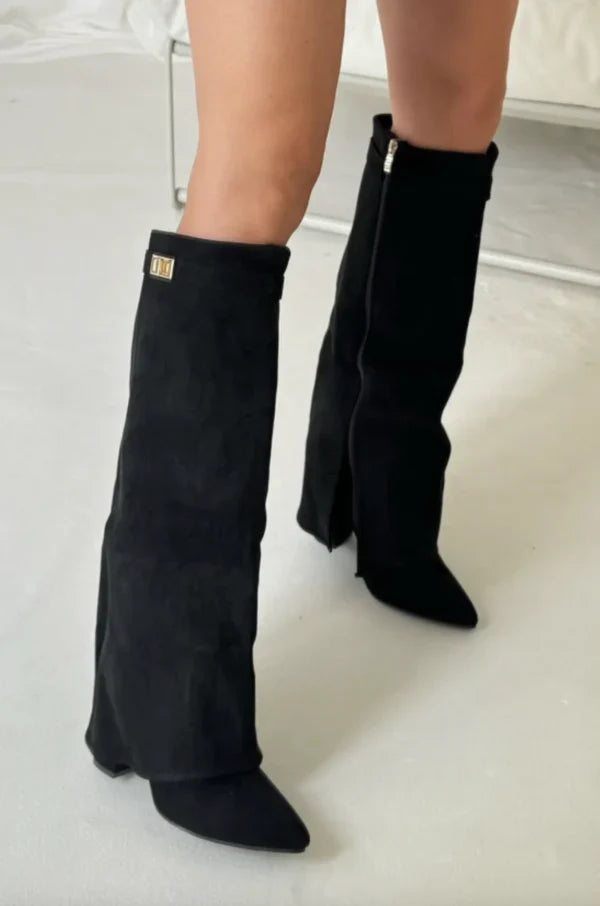 Stivali da Donna – Alti fino al Ginocchio in Camoscio o Ecopelle con Tacco a Blocco e Chiusura Lampo per Look Eleganti