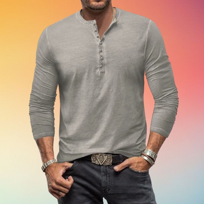 Camicia Henley Uomo Maniche Lunghe Slim Fit con Bottoni