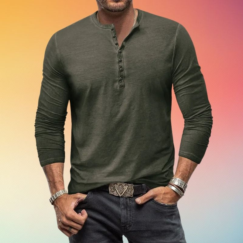 Camicia Henley Uomo Maniche Lunghe Slim Fit con Bottoni