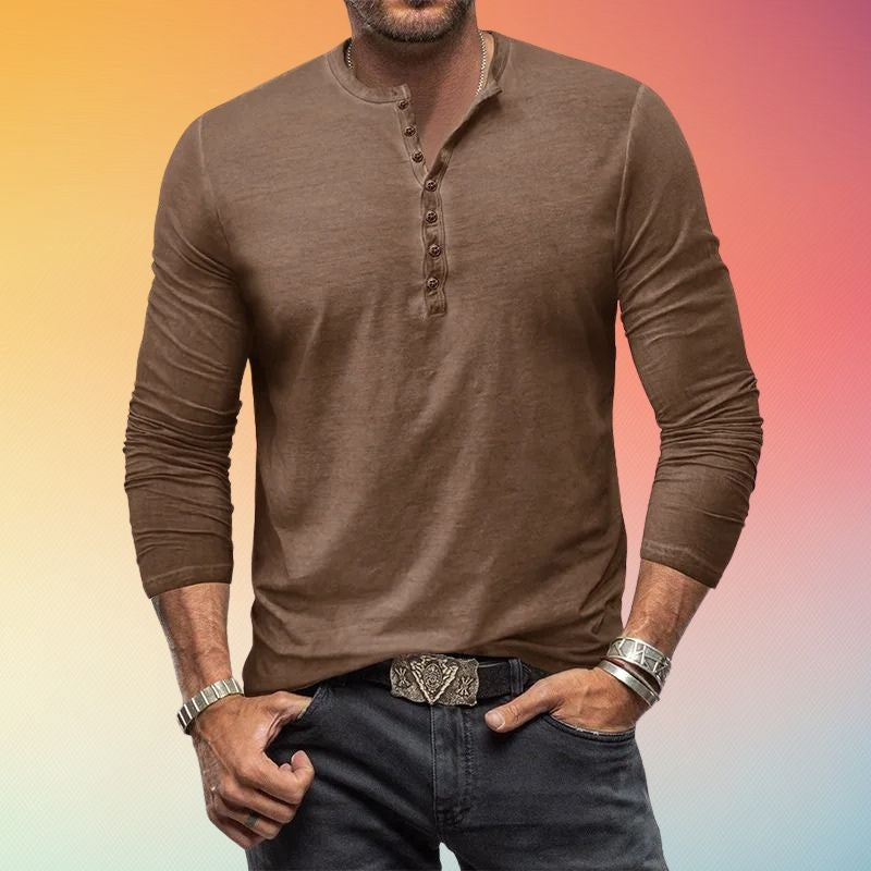 Camicia Henley Uomo Maniche Lunghe Slim Fit con Bottoni