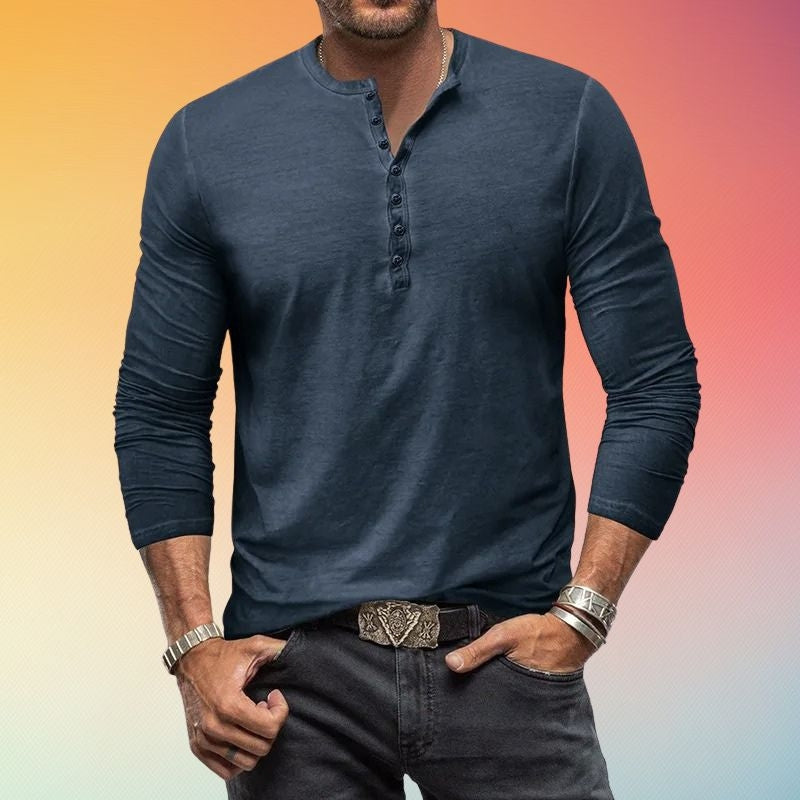 Camicia Henley Uomo Maniche Lunghe Slim Fit con Bottoni