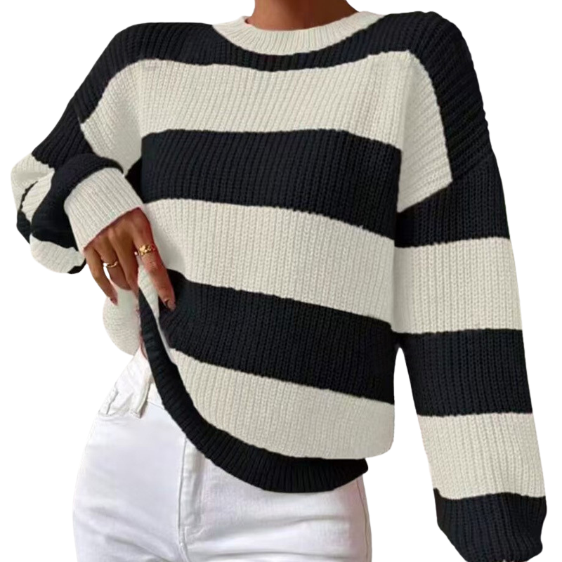 Maglione Donna Oversize a Righe in Maglia Girocollo