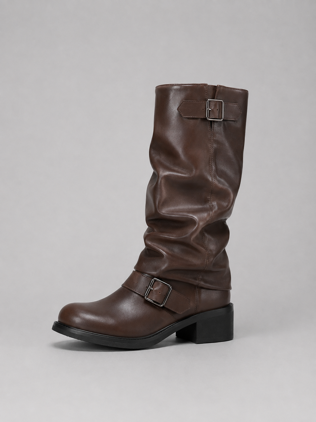 Stivali Donna Alti Stile Biker con Fibbie e Tacco Basso