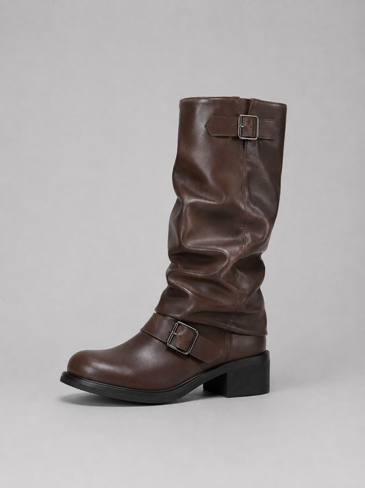 Stivali Donna Alti Stile Biker con Fibbie e Tacco Basso