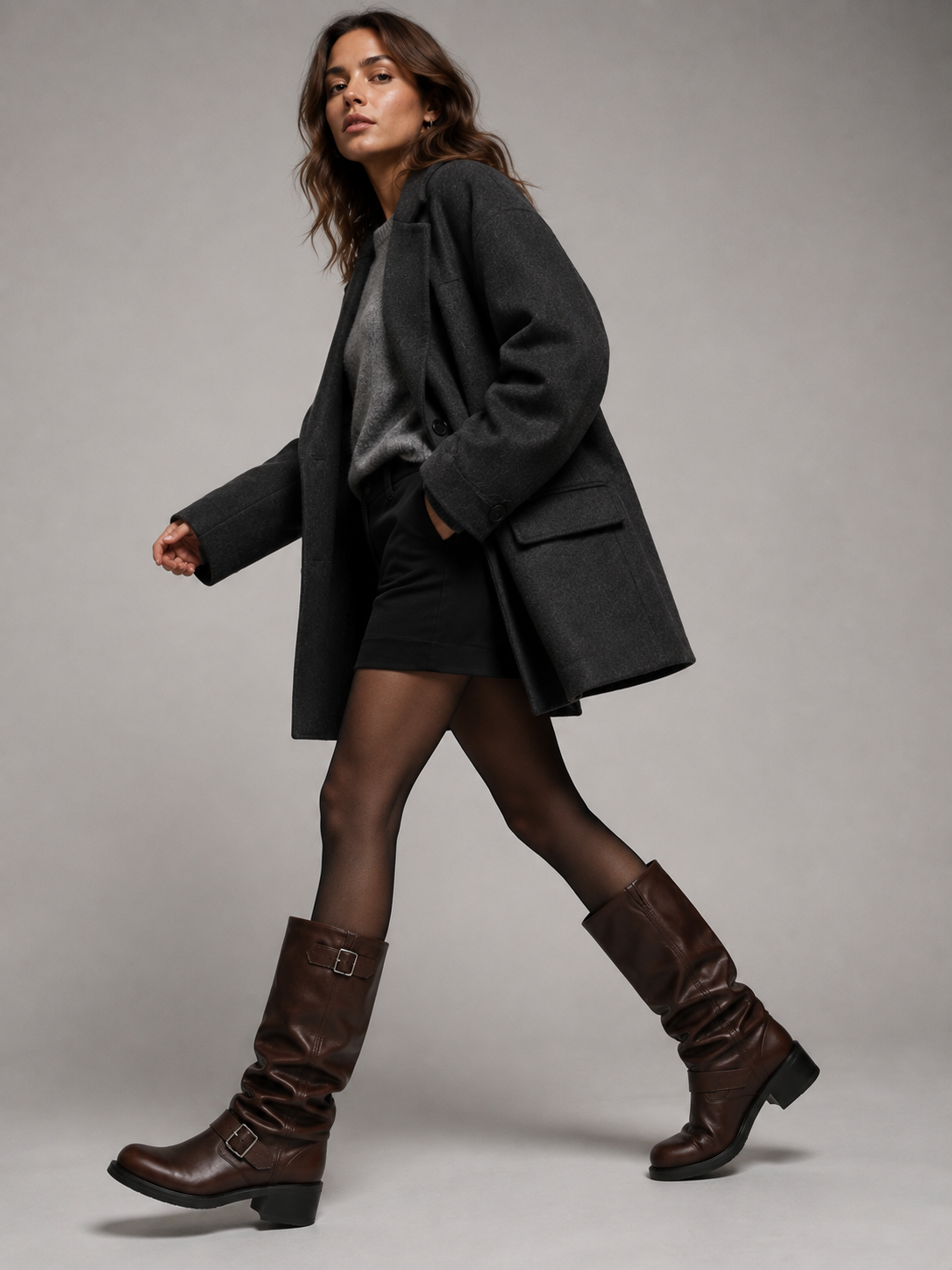 Stivali Donna Alti Stile Biker con Fibbie e Tacco Basso