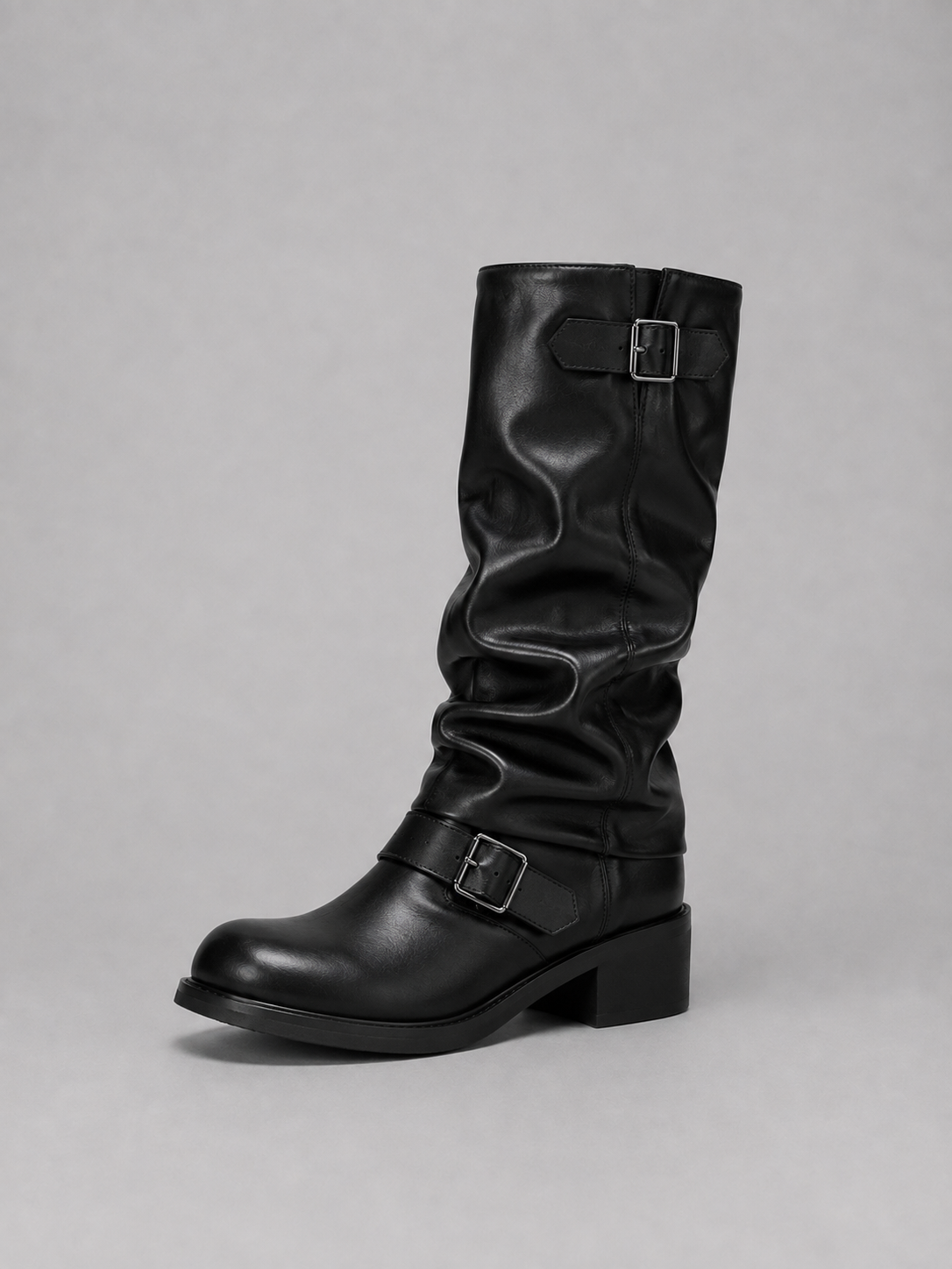 Stivali Donna Alti Stile Biker con Fibbie e Tacco Basso