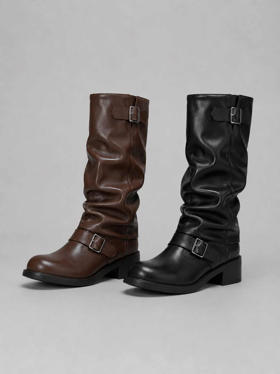 Stivali Donna Alti Stile Biker con Fibbie e Tacco Basso