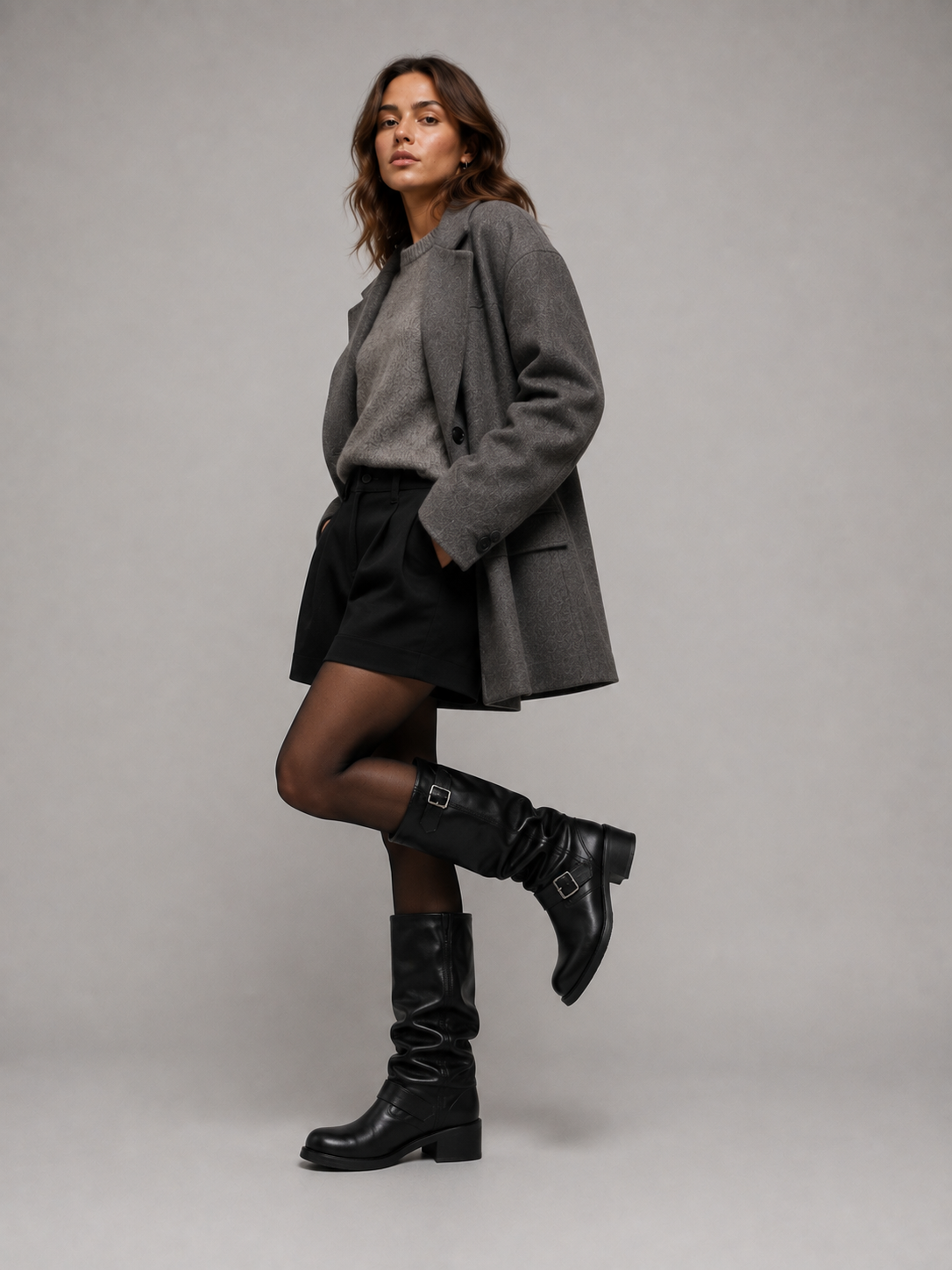 Stivali Donna Alti Stile Biker con Fibbie e Tacco Basso