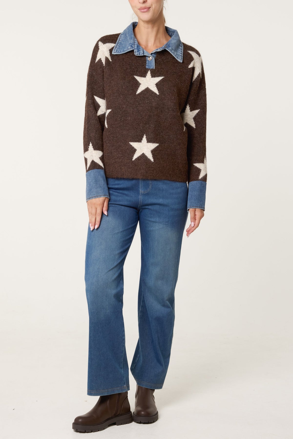 Maglione Donna Girocollo a Stella con Colletto in Denim