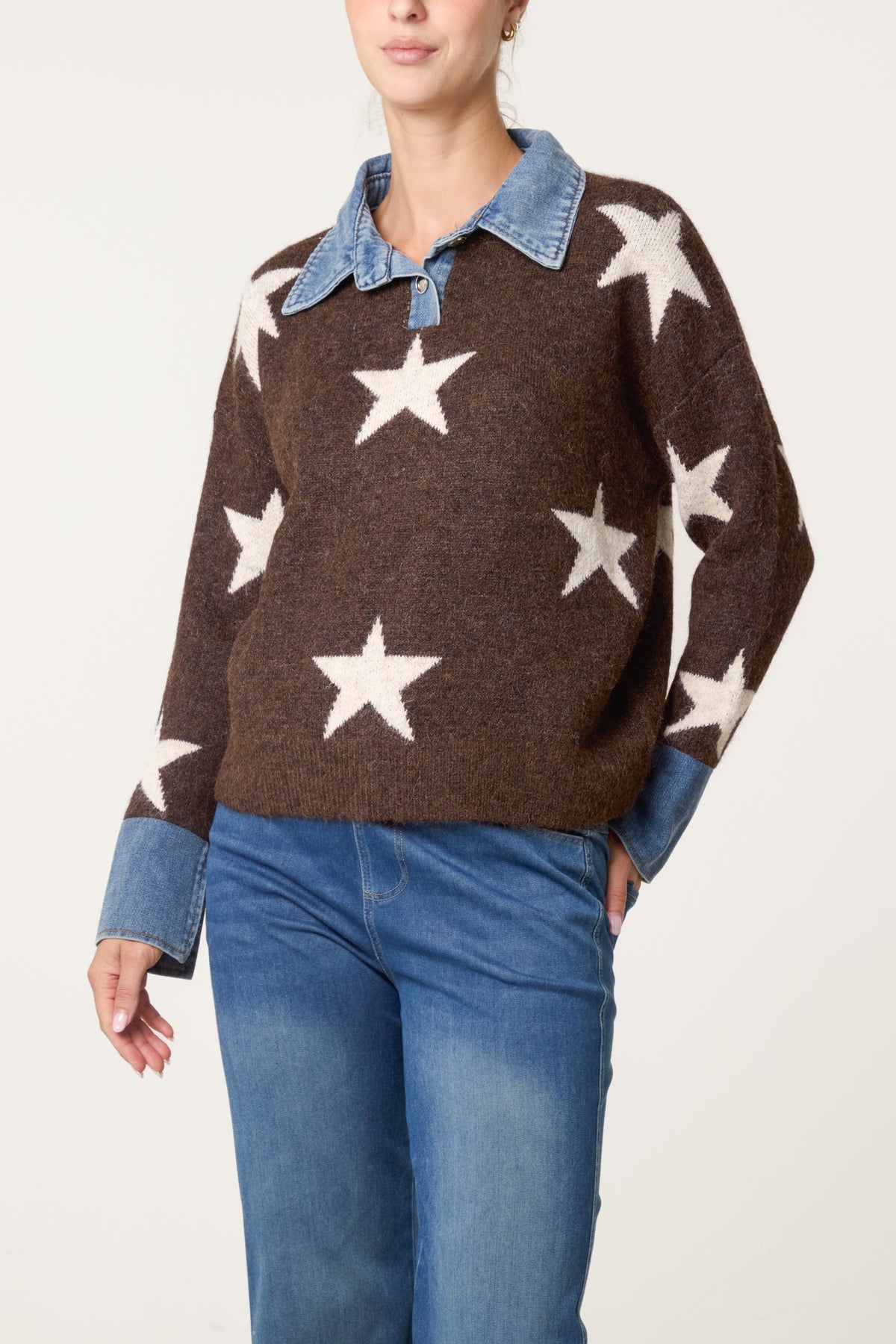 Maglione Donna Girocollo a Stella con Colletto in Denim