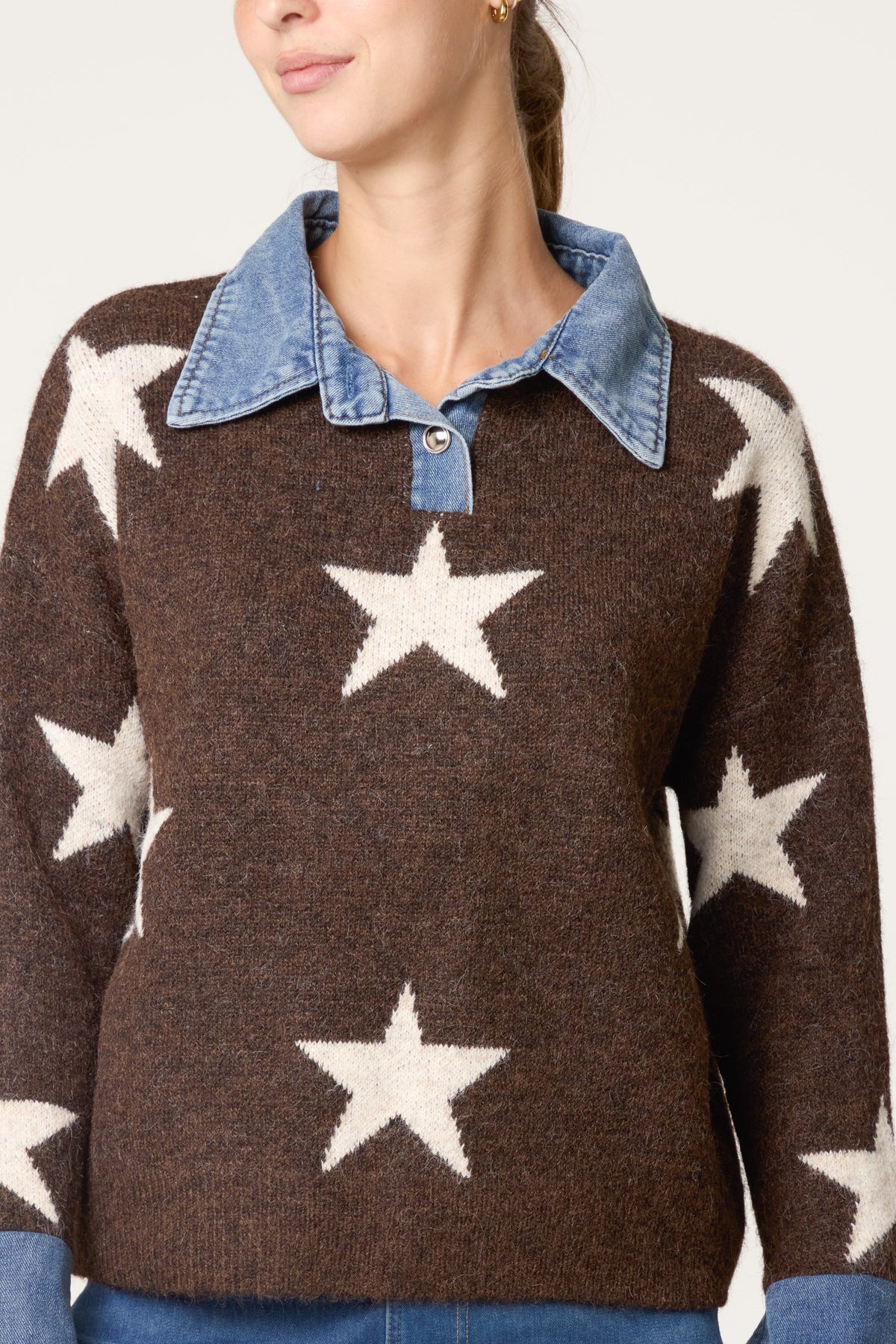 Maglione Donna Girocollo a Stella con Colletto in Denim
