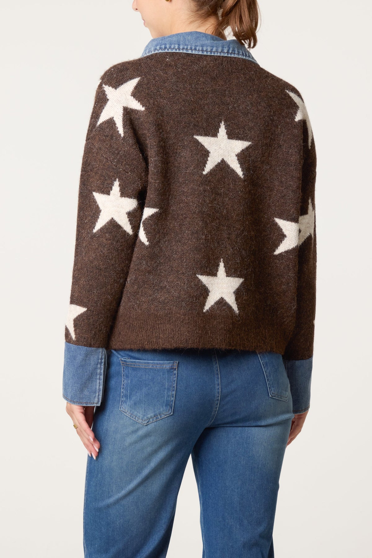Maglione Donna Girocollo a Stella con Colletto in Denim
