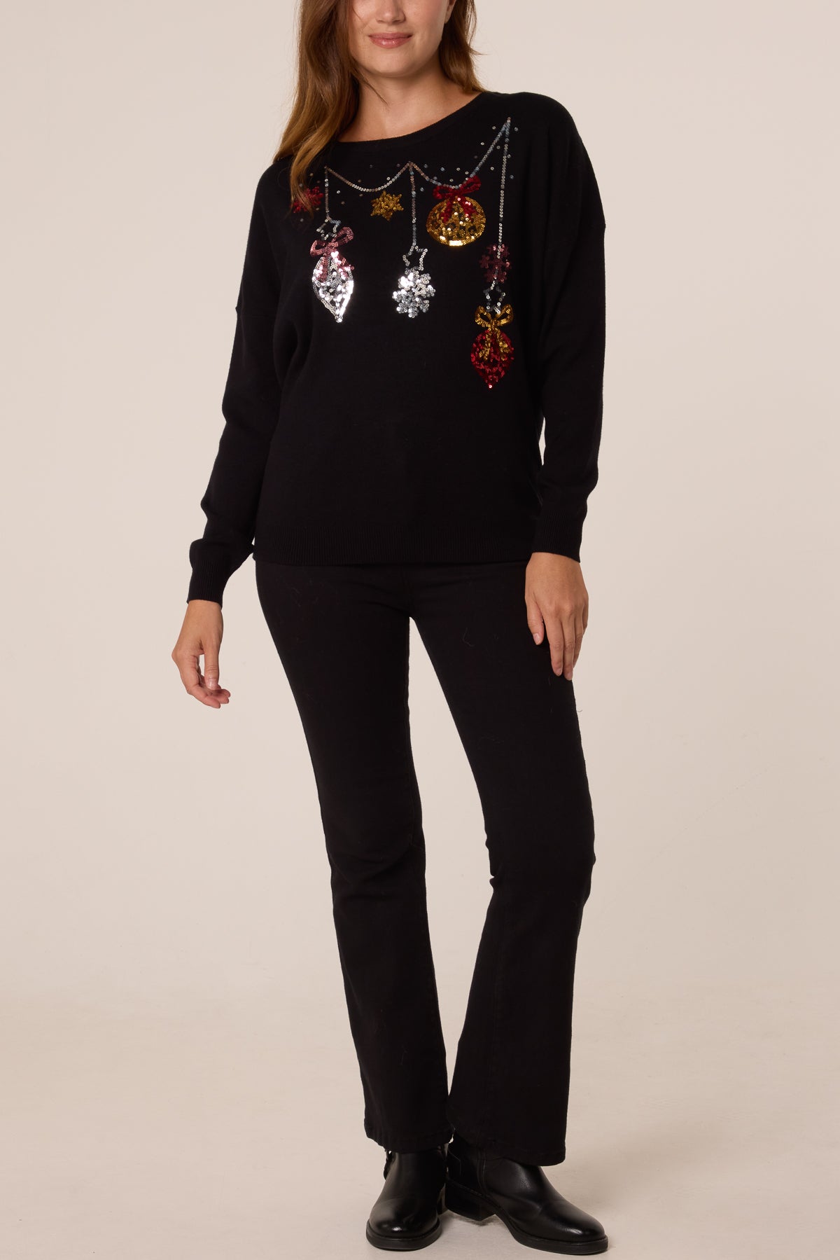 Maglia Donna Natalizia con Paillettes, Palline e Fiocchi di Neve