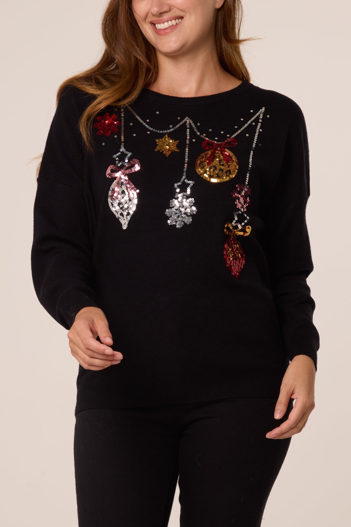 Maglia Donna Natalizia con Paillettes, Palline e Fiocchi di Neve
