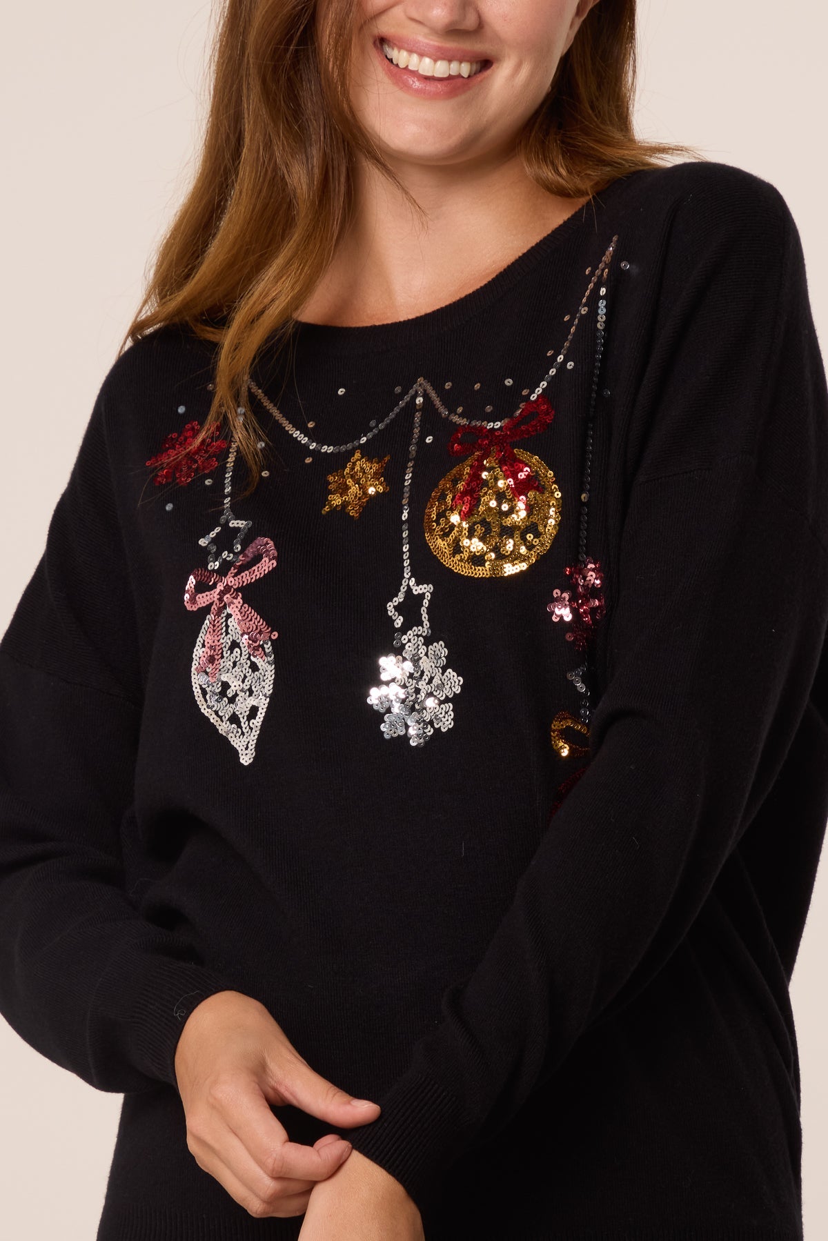 Maglia Donna Natalizia con Paillettes, Palline e Fiocchi di Neve