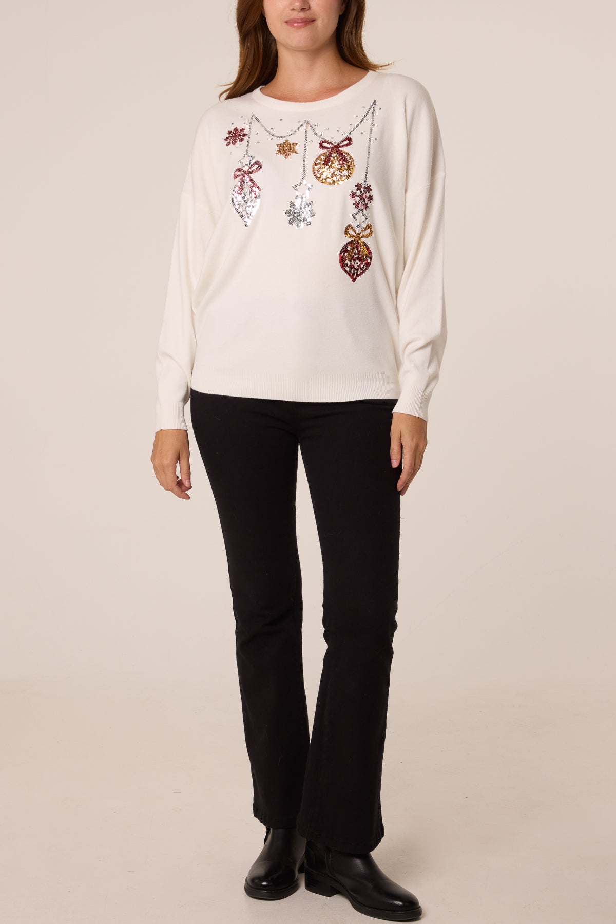 Maglia Donna Natalizia con Paillettes, Palline e Fiocchi di Neve