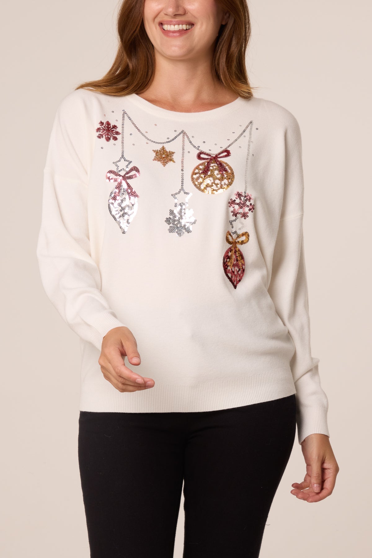 Maglia Donna Natalizia con Paillettes, Palline e Fiocchi di Neve