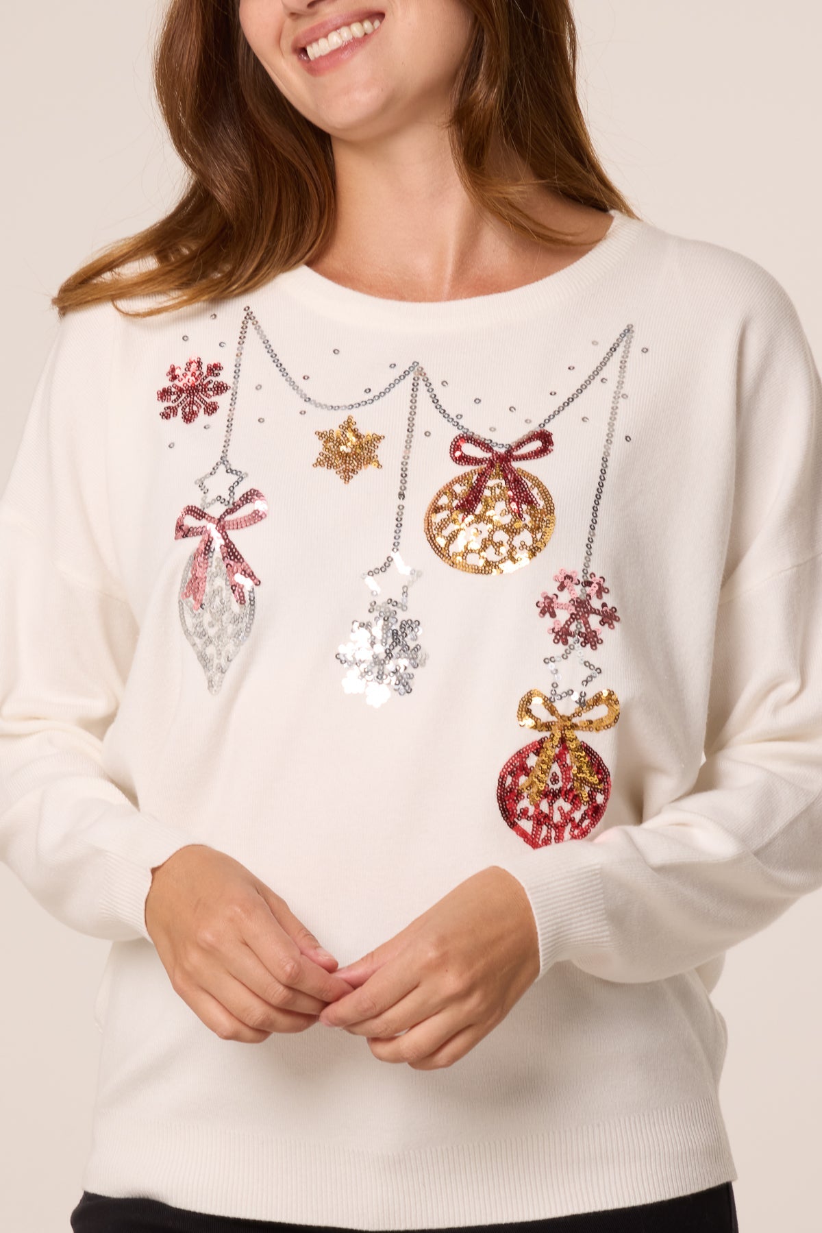 Maglia Donna Natalizia con Paillettes, Palline e Fiocchi di Neve
