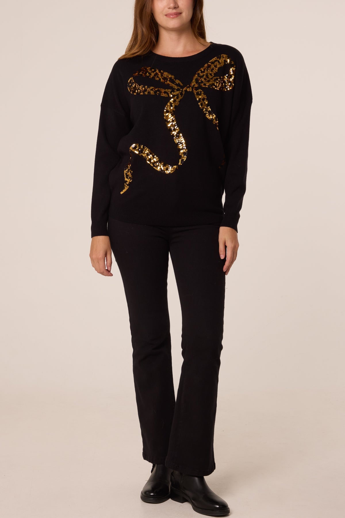 Maglione Donna con Paillettes e Fiocco Leopardato
