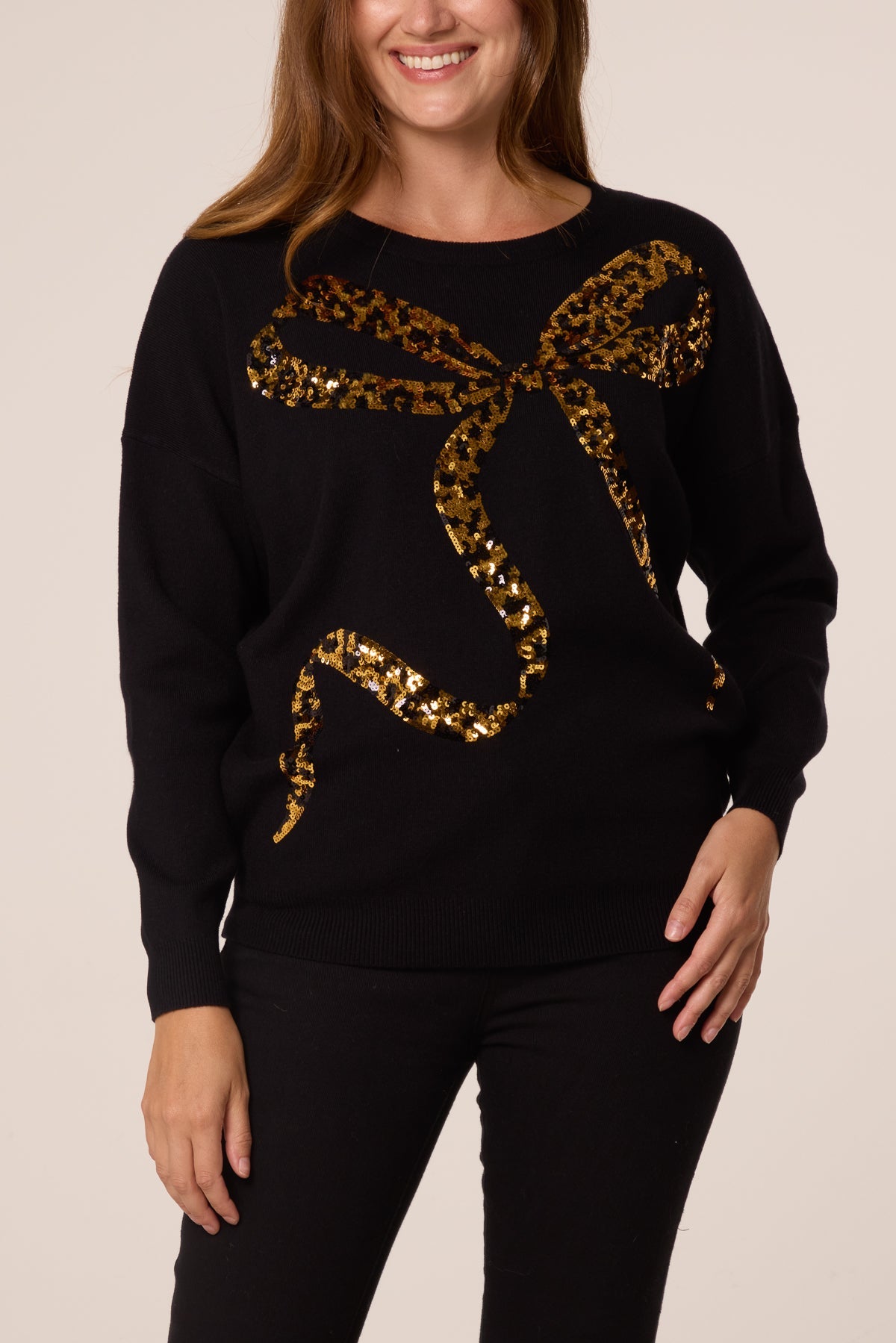 Maglione Donna con Paillettes e Fiocco Leopardato