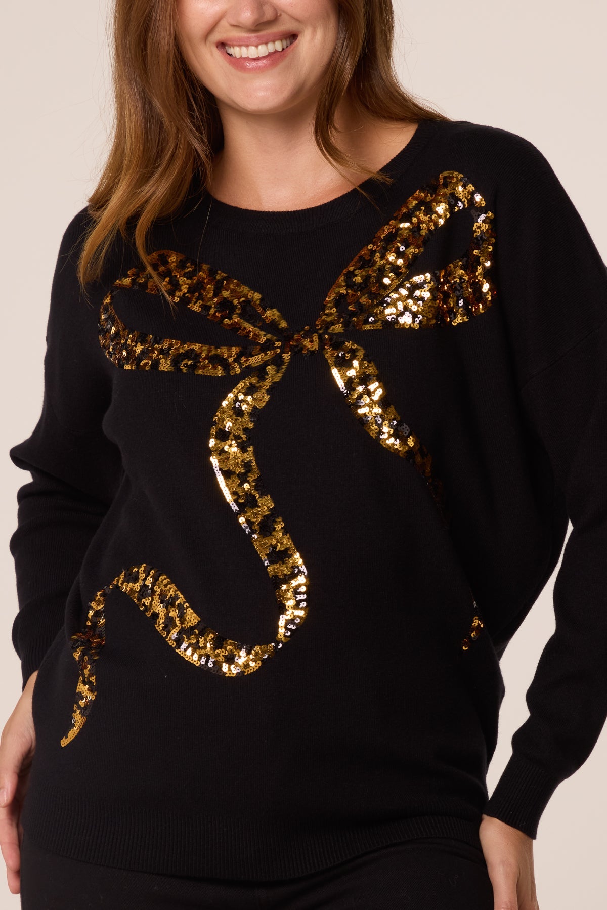 Maglione Donna con Paillettes e Fiocco Leopardato