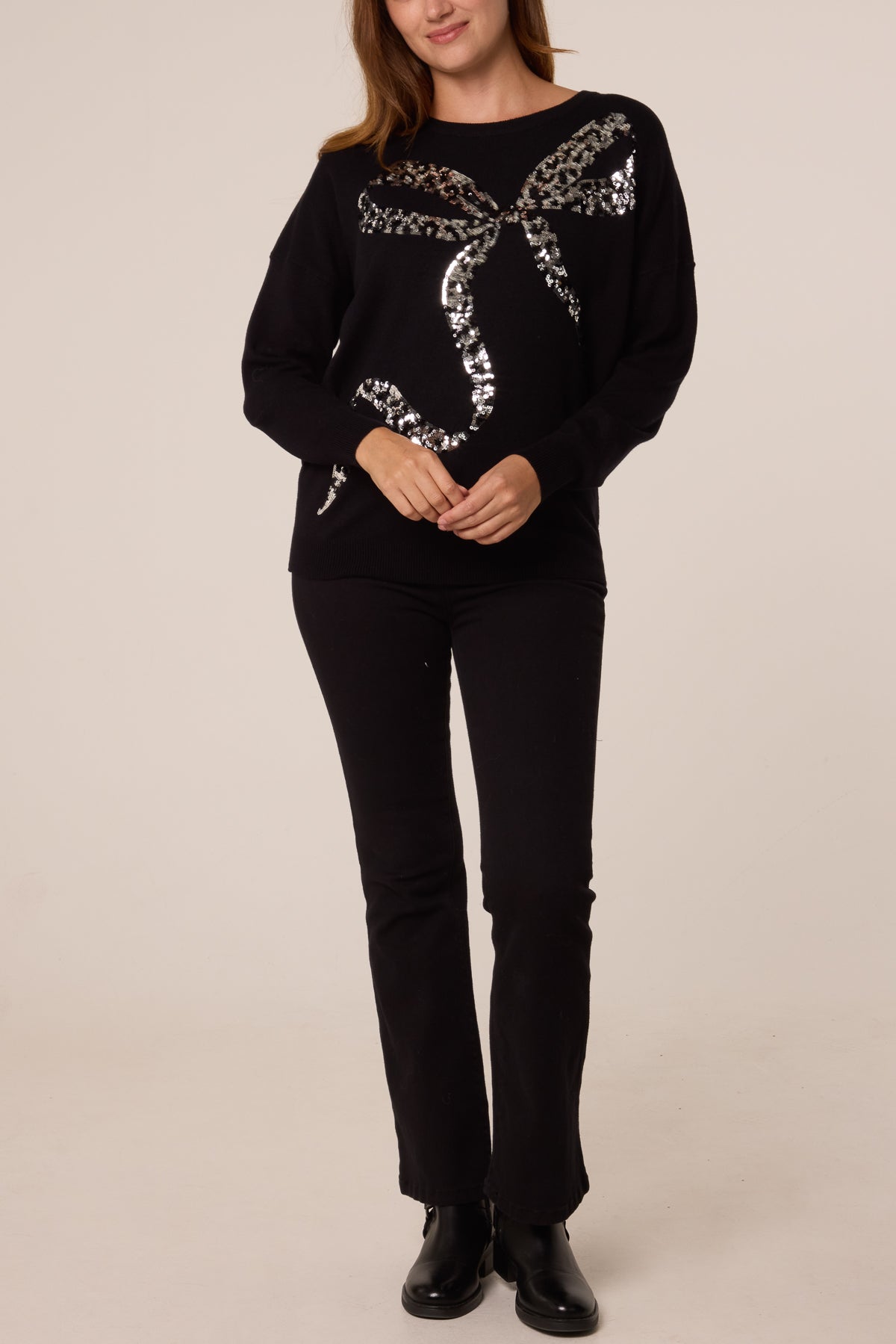 Maglione Donna con Paillettes e Fiocco Leopardato