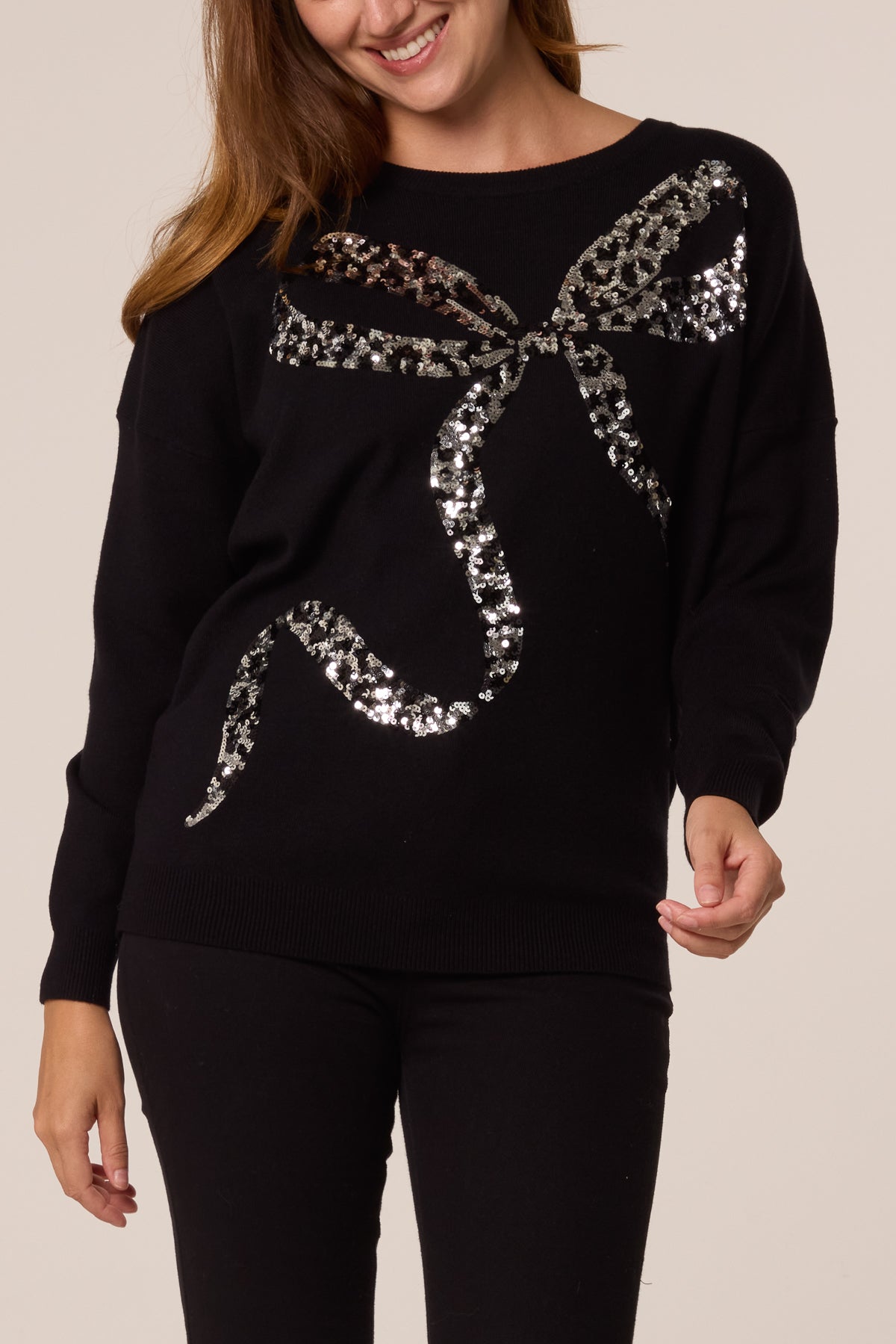 Maglione Donna con Paillettes e Fiocco Leopardato