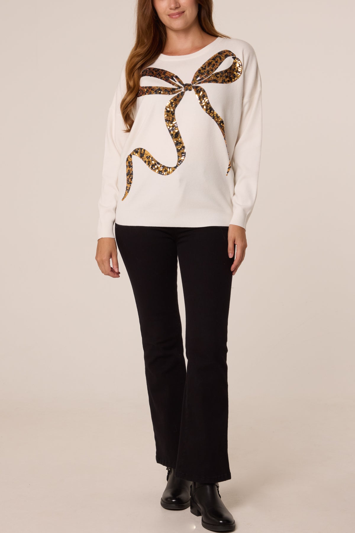 Maglione Donna con Paillettes e Fiocco Leopardato