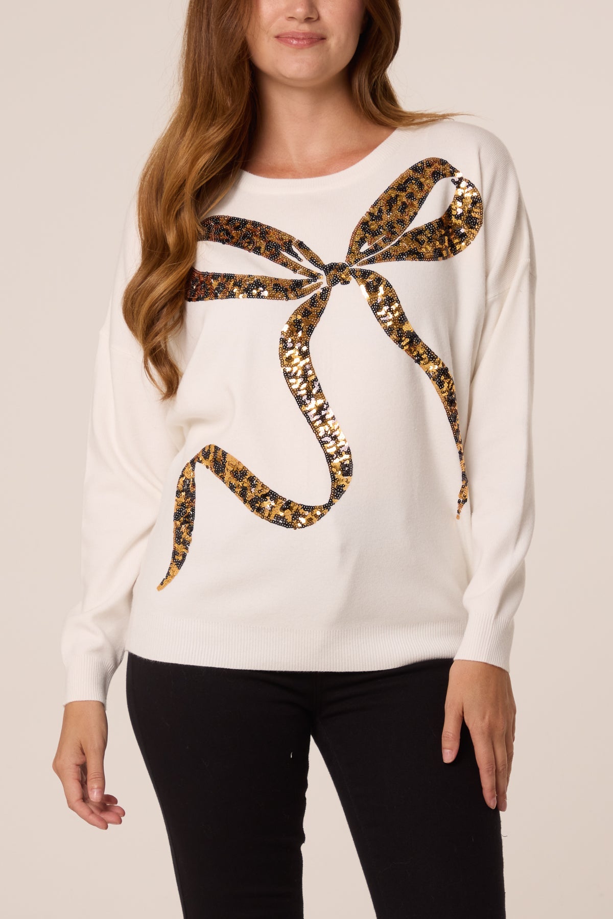 Maglione Donna con Paillettes e Fiocco Leopardato
