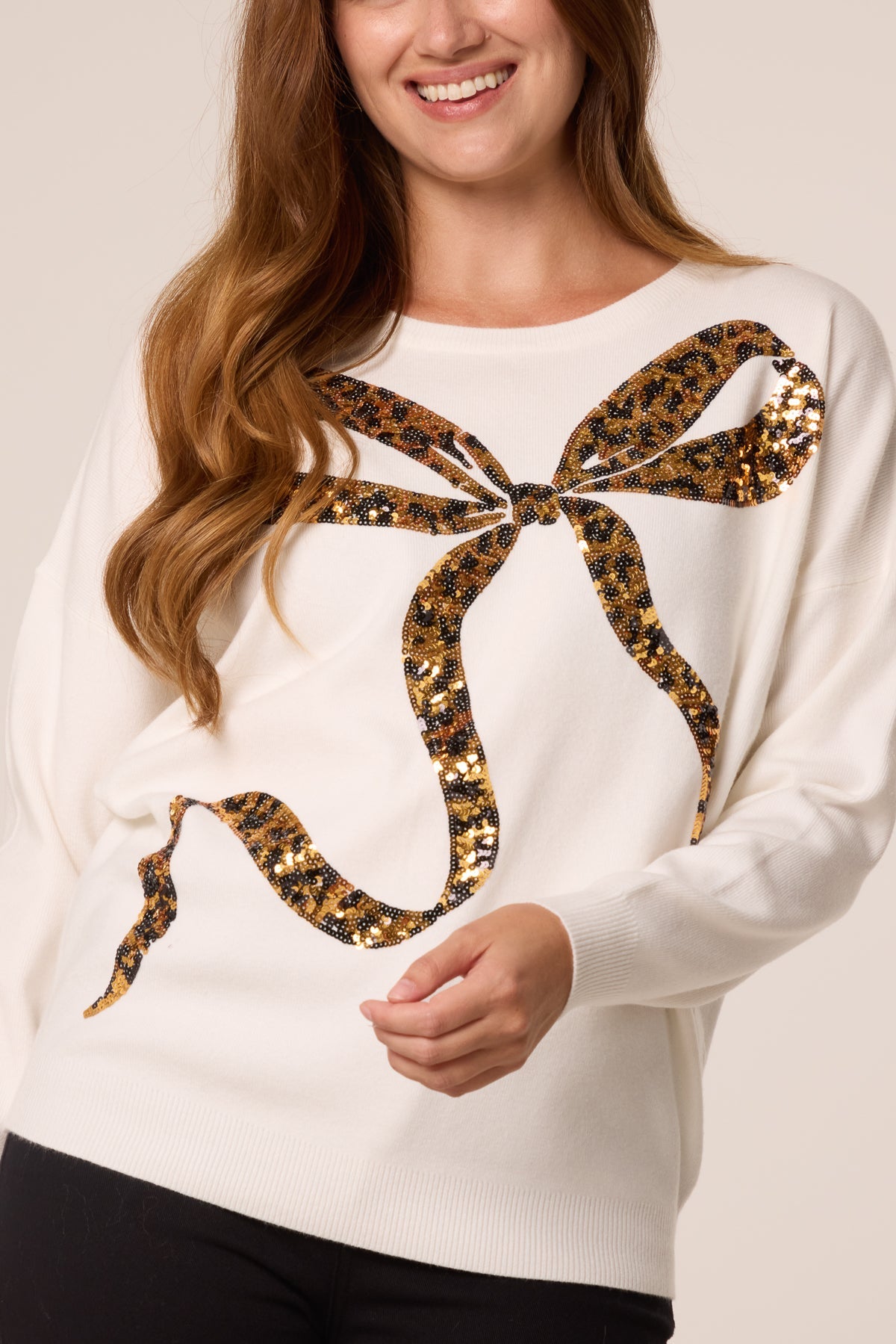 Maglione Donna con Paillettes e Fiocco Leopardato