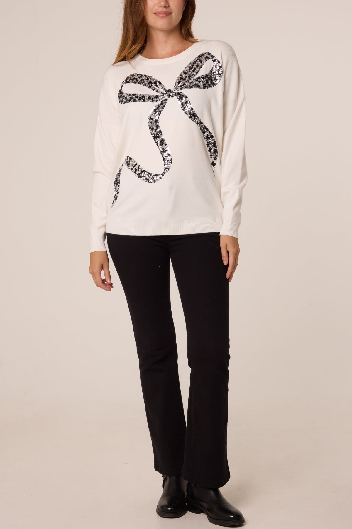 Maglione Donna con Paillettes e Fiocco Leopardato