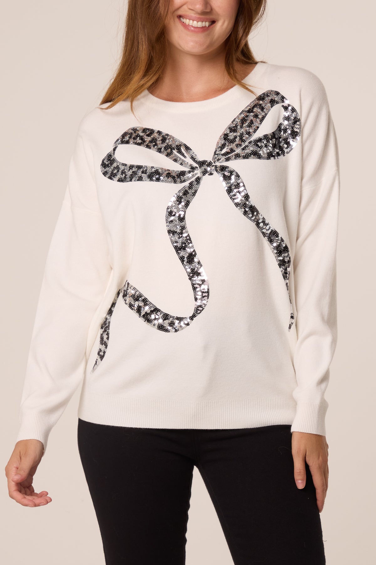 Maglione Donna con Paillettes e Fiocco Leopardato