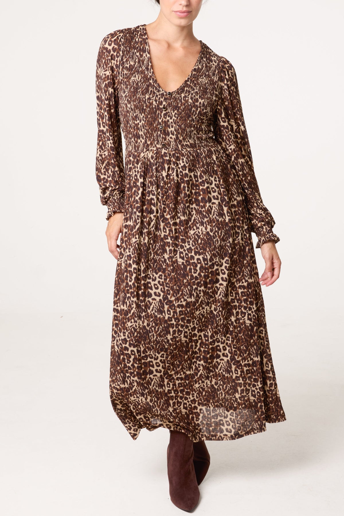 Vestito Midi Donna Scollo a V con Bottoni Fantasia Animalier