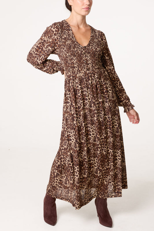 Vestito Midi Donna Scollo a V con Bottoni Fantasia Animalier