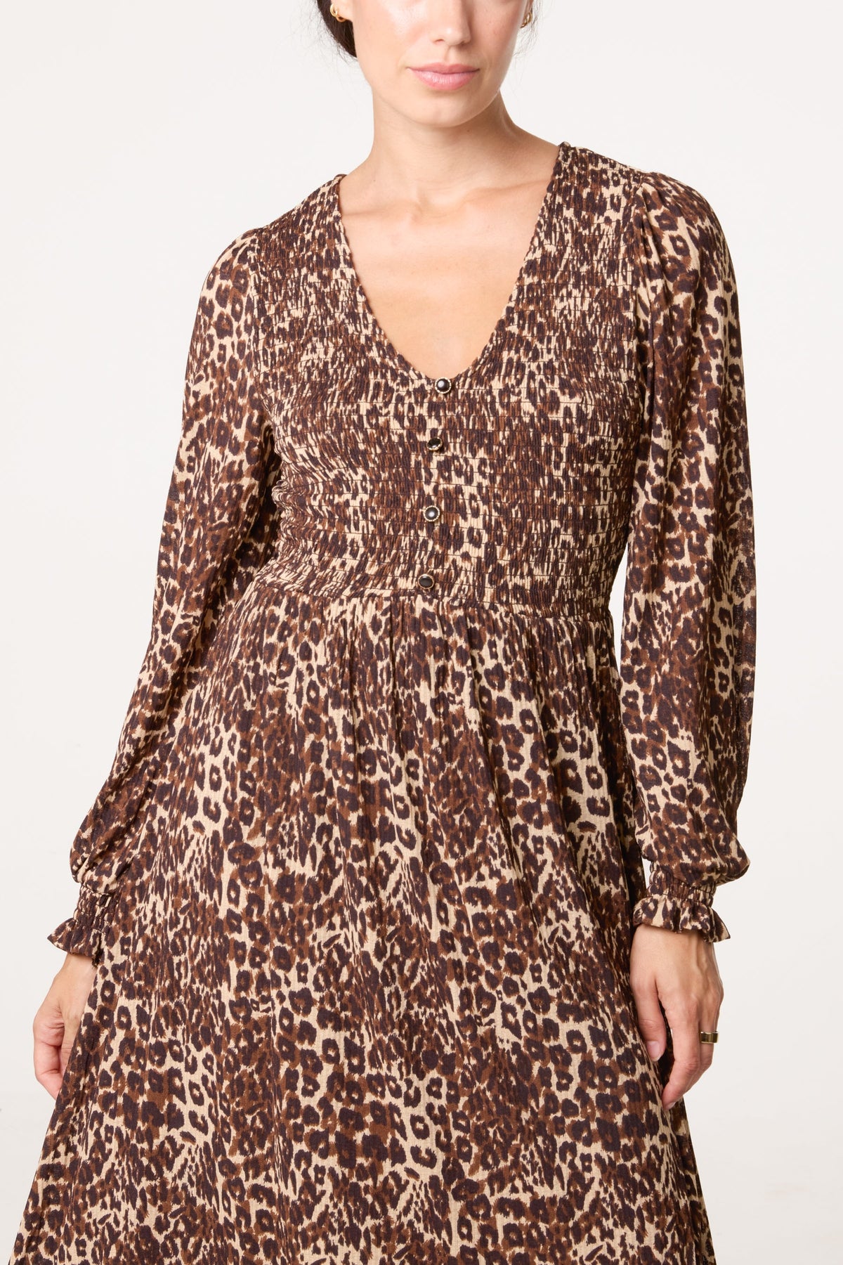 Vestito Midi Donna Scollo a V con Bottoni Fantasia Animalier