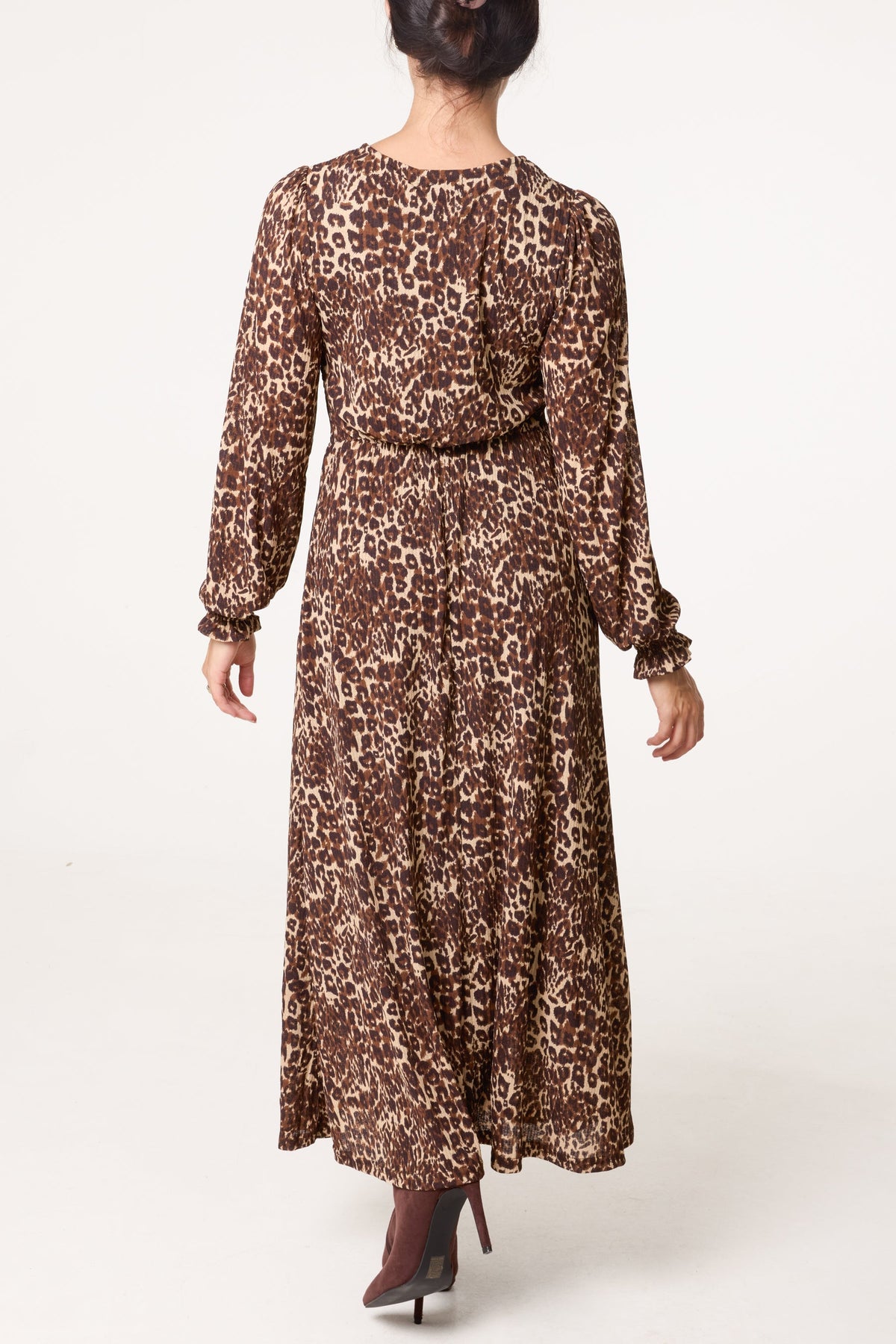 Vestito Midi Donna Scollo a V con Bottoni Fantasia Animalier