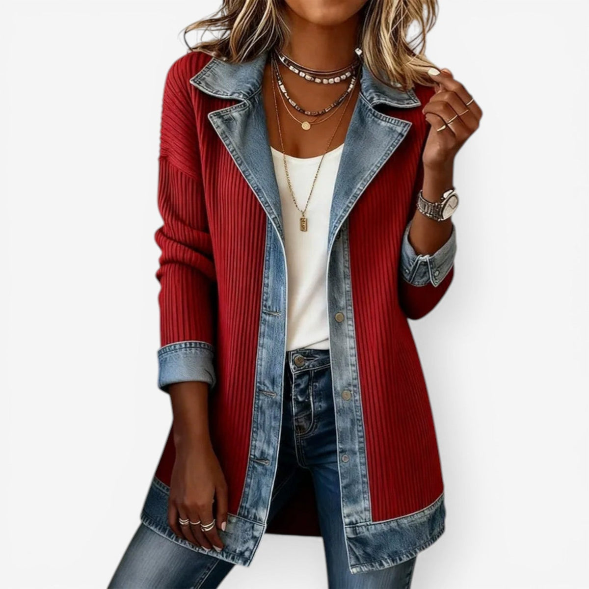 Giacca Donna con Colletto a Strati e Bottoni, Effetto Maglia e Denim