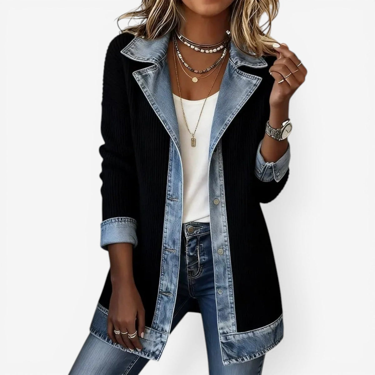 Giacca Donna con Colletto a Strati e Bottoni, Effetto Maglia e Denim