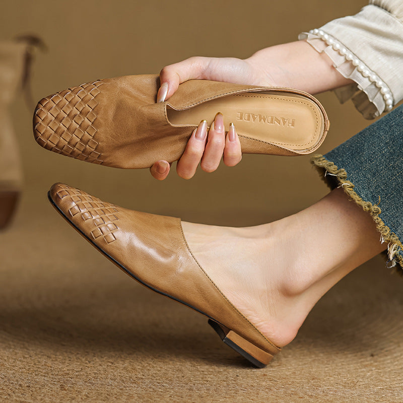 Mules Donna in Vera Pelle Intrecciata, Scarpe Slip-On Comode