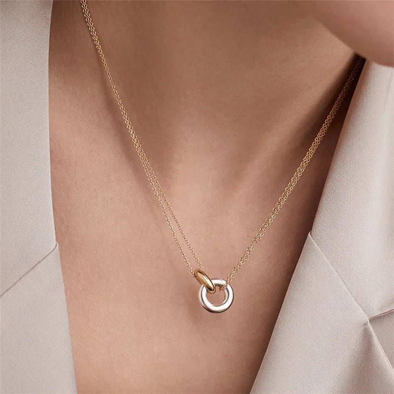Collana Donna Pendente Cerchio Placcata Oro, Catena Acciaio