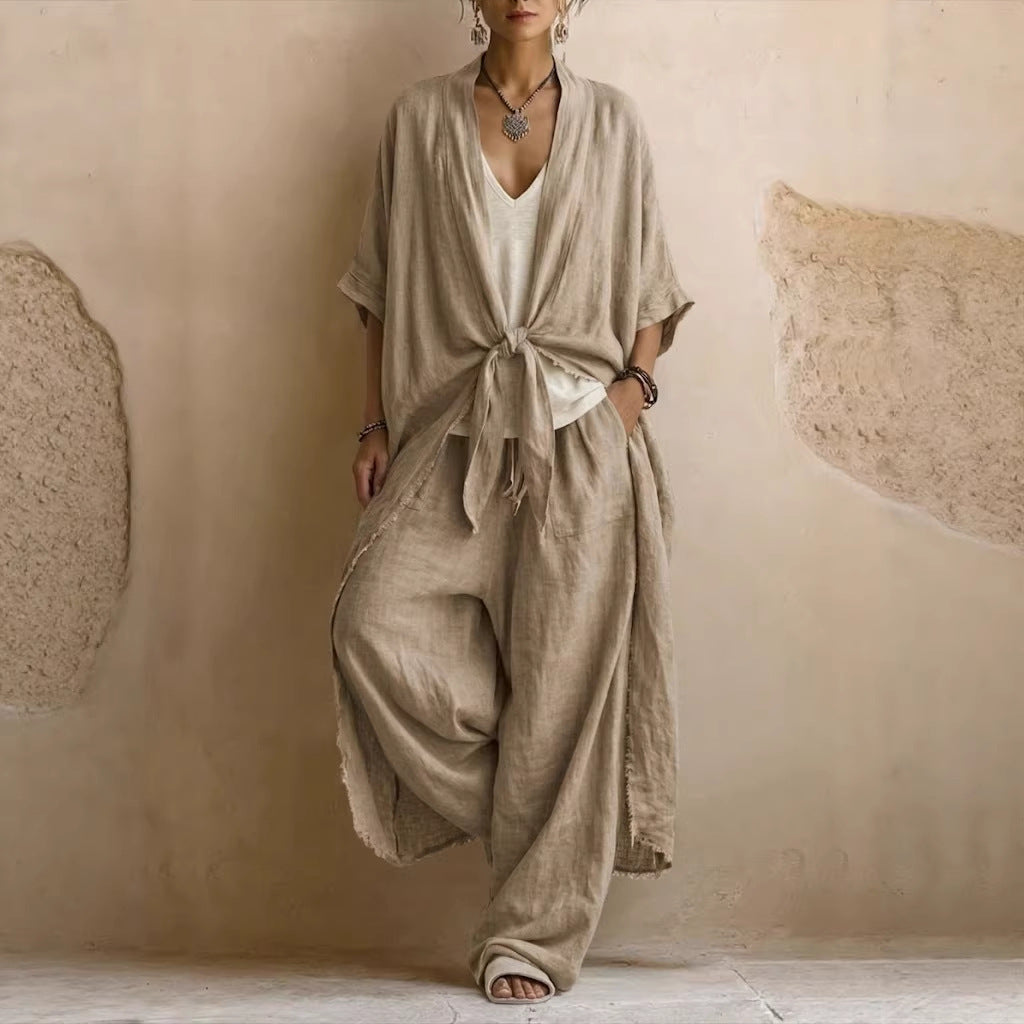 Completo Donna Kimono in Lino Oversize e Pantaloni Palazzo