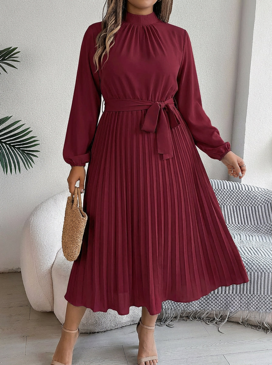 Abito Donna Maxi Plissettato con Cintura in Vita e Collo Alto